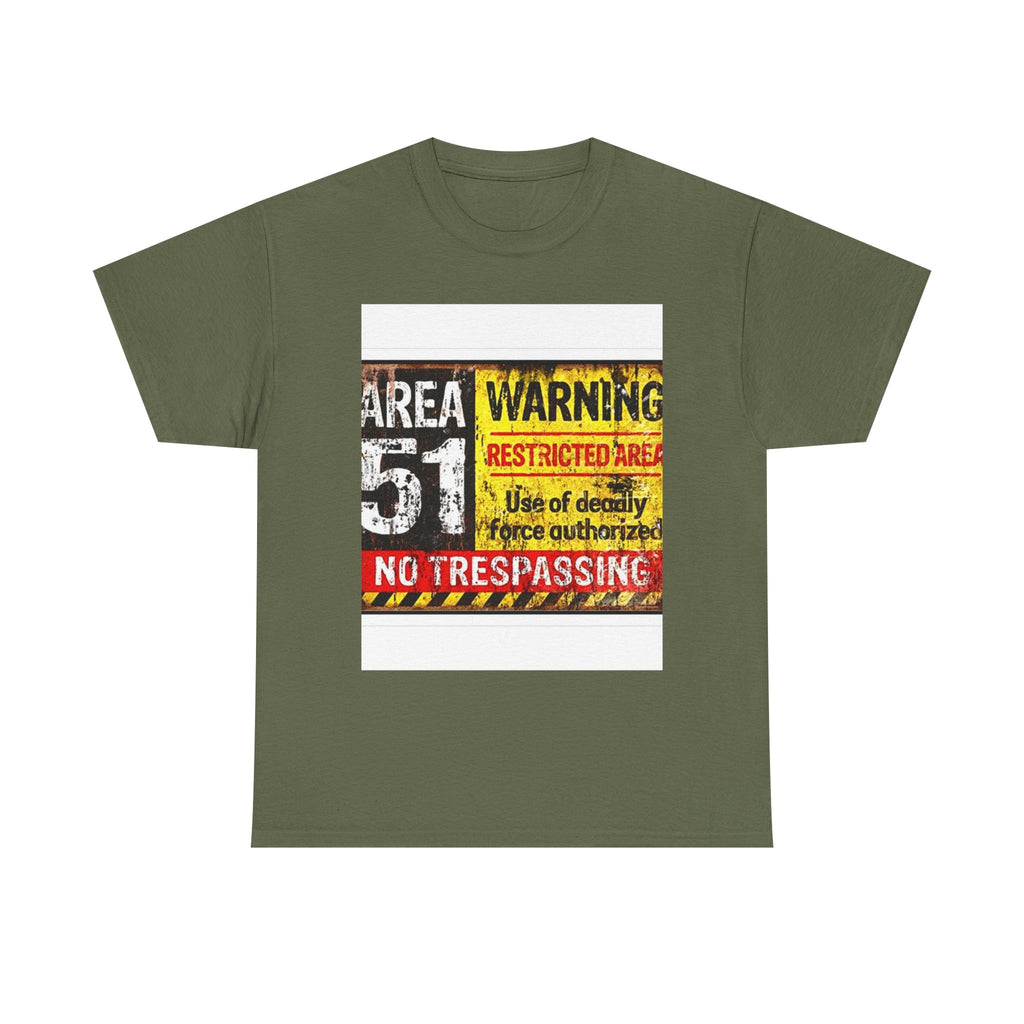 Area 51 Warning Unisex Heavy Cotton Tee | Alien Lover Gift, Sci-Fi Apparel, Outdoor Adventures, Conspiracy Theory Fans, Unique Casual Wear