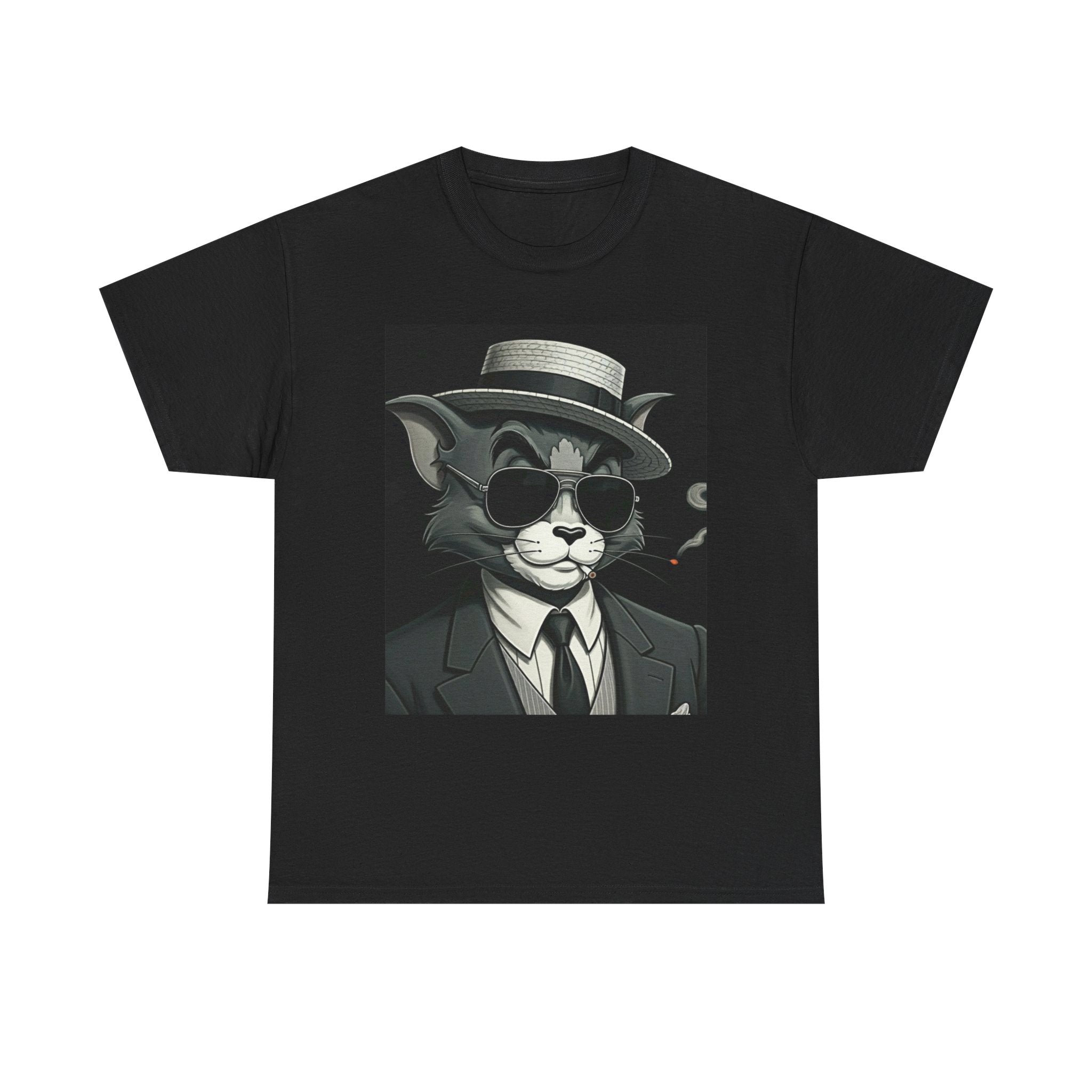 Cat Detective Graphic Tee — Noir Cat in Suit Small Chest Print
